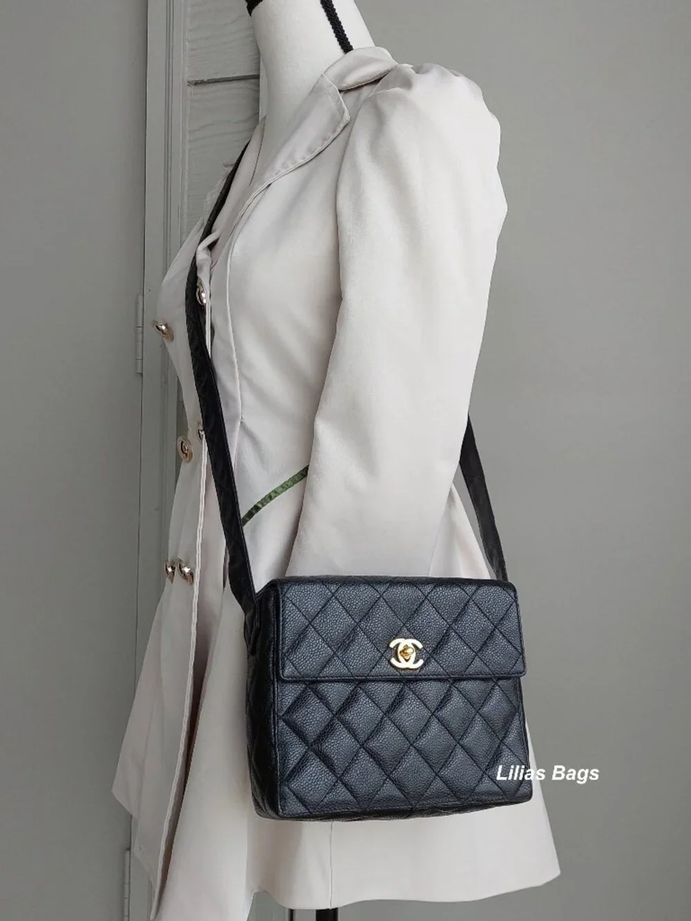 CHANEL Black Caviar Leather Square Box Flap Bag